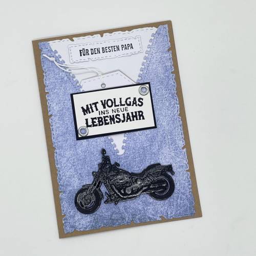 Motorrad Glückwunschkarte zum Geburtstag – Handgemachte Karte mit Anhänger, A6, Blau
