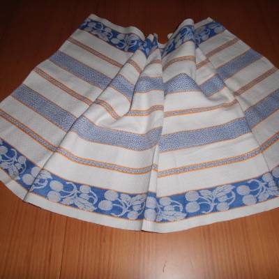 Leinentuch Handtuch weiß blau orange Vintage mit Kirschmuster aus den 1950 oder 1960er Jahren