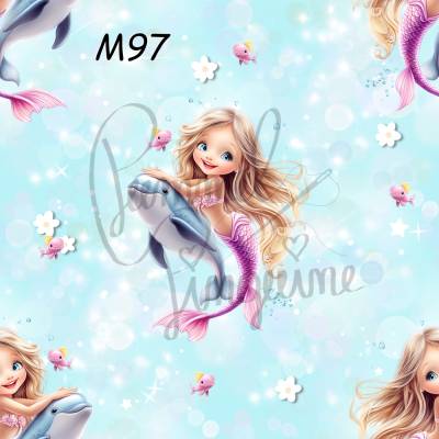 M97 Kinderstoff Blonde Meerjungfrau mit Delphin – Exklusives PummelPinguine-Design in 13 Stoffarten für kreative