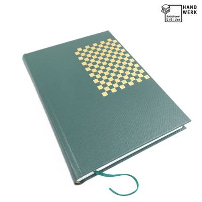Notizbuch, 24 x 16,5 cm, liniert, 192 Blatt, dunkelgrün, Goldprägung Quadrate, handgefertigt, UNIKAT