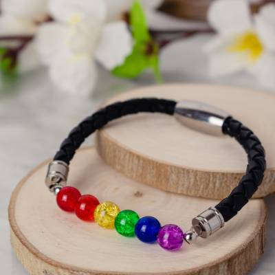 LGBTQ+ Pride Armband – Schwarzes Echtleder & Glasperlen | Handgemacht, Unikat, wählbare Länge