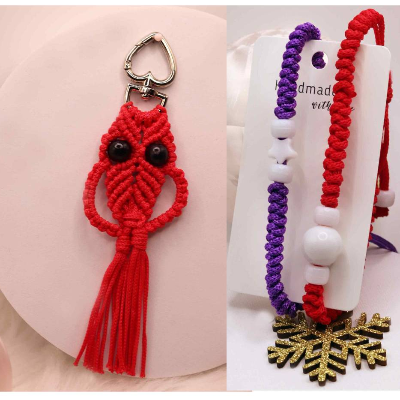 Makramee Geschenkset Eule & Armband – handgeknüpft aus glänzendem Polyester Garn, liebevoll verpackt, viele Farben 