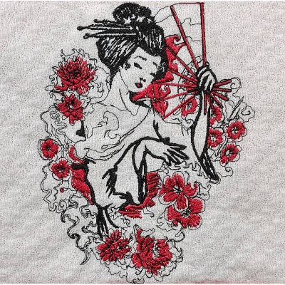 Geisha Stickdatei 20x26-30cm, 21*40cm EXP – Japanisches Stickmotiv für Stickmaschine
