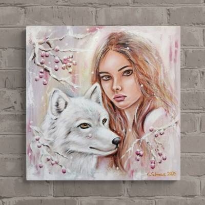 Seelengefährten – Originalgemälde Frau & Wolf | Spirituelle Tierkunst | Acryl auf Leinwand 50x50 cm