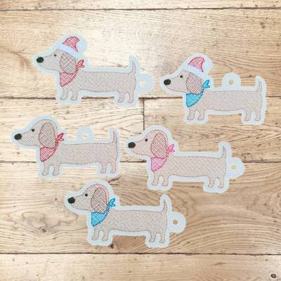 Stickdatei Dackel Schlüsselanhänger ITH Set 2597 – Hund Anhänger & Taschenbaumler