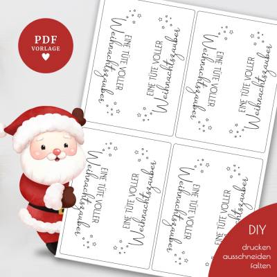 Druckvorlage „Eine Tüte voller Weihnachtszauber“ – Tütenklappen Karten PDF A4 zum Ausd