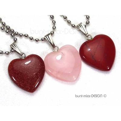 Kette mit Anhänger Herz AUSWAHL Edelstein Rosenquarz Jaspis Goldfluss Kugelkette, by BuntMixxDESIGN