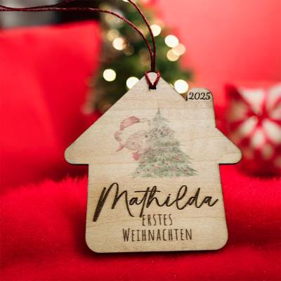 Personalisierte Weihnachtsanhänger aus Holz in Hausform – Weihnachtsgeschenk, Weihnachtskugel, Erstes Weihnachten