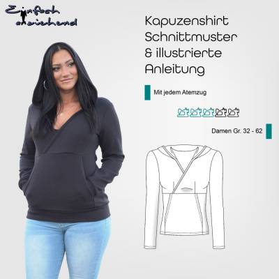 Schnittmuster Damen Kapuzenshirt Größe 32 - 62 mit V-Ausschnitt aus Jersey oder French Terry