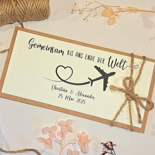 Personalisierte Hochzeitskarte Reise – Geldgeschenk & Gutschein Verpackung, minimalistisch, Kraftkarton