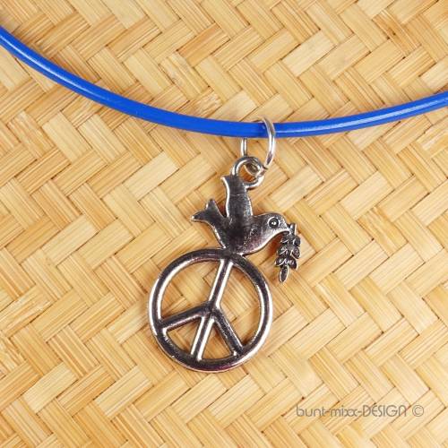 Kautschukkette royalblau, Federring Endkappen Sterlingsilber, Anhänger PEACE Friedenstaube Ölzweig, Charmtr&au
