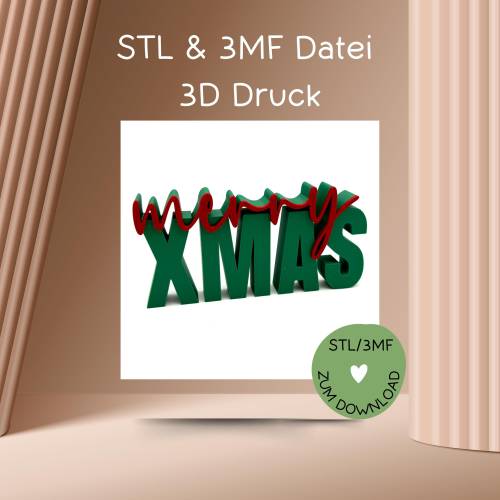Schriftzug MERRY XMAS, Digitale Datei, 3D-Druckdatei, STL u. 3MF-Format, Weihnachten