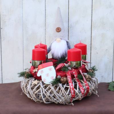 Adventskranz rot haltbar Tischdeko Weihnachten Weihnachtsdeko Wichtel
