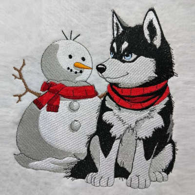 Husky mit Schneemann 10x10cm – Winterliche Eleganz für Deine Stickprojekte