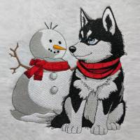 Husky mit Schneemann 12-14x18cm – Winterliche Eleganz für Deine Stickprojekte Bild 1