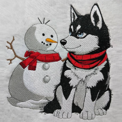 Husky mit Schneemann 12-14x18cm – Winterliche Eleganz für Deine Stickprojekte