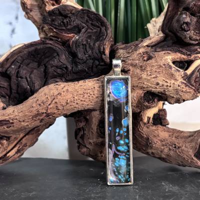 Kettenanhänger rechteckig aus Metall mit Glaskuppel – Unikat - blau, türkis, schwarz