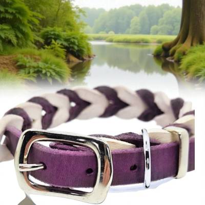Hundehalsband aus Fettleder in lila weiß zum verstellen von ca. 26 - 33 cm