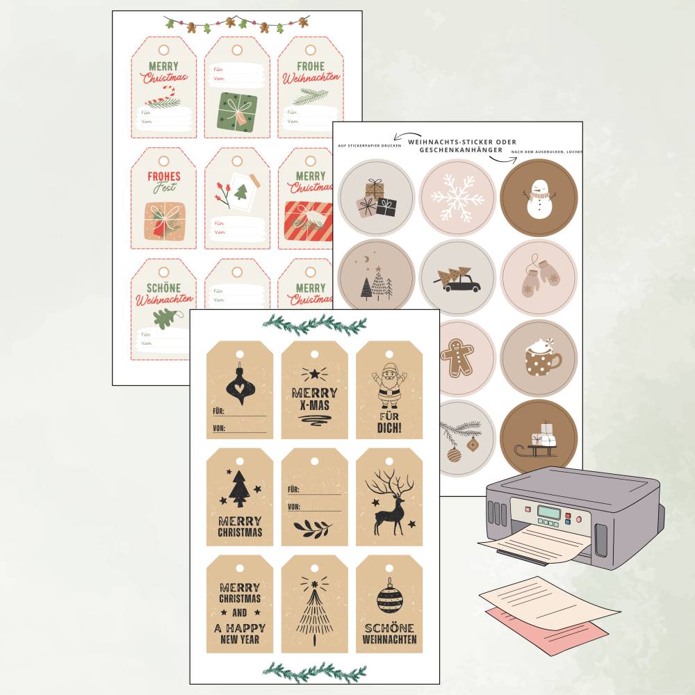 Geschenkanhänger & Sticker für Weihnachten zum Ausdrucken – DIY Set mit 3 Designs Bild 1