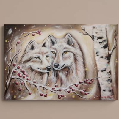 Originalgemälde „Wolfspaar in magischer Winternacht“ – Acrylbild auf Leinwand, 81 x 54 cm von Christiane Schwarz