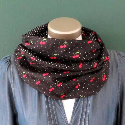 Damen Loop Schal Baumwolle Kirschen Punkte schwarz zum Wenden