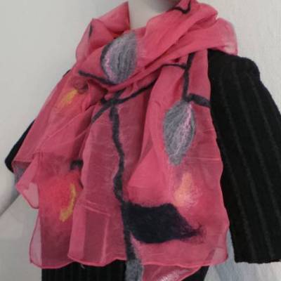 langer, edler Schal für Fraue in rot, gefilzt Wolle und Chiffon Seide, Filzschal, Tuch, Halstuch für Frauen