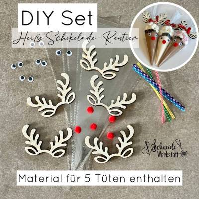 DIY Bastelset für 5x Rentierschokolade – Weihnachtsgeschenk Idee | Holz Rentier Deko | Kakao Verpackung 5er Set