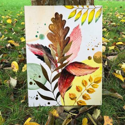 Herbstblätter Acrylbild handgemalt mit Blattgold – Unikat 40x30cm auf Leinwand