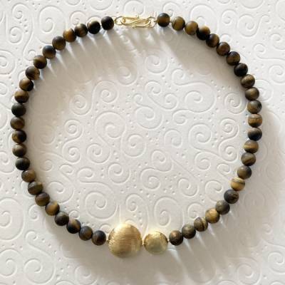 Tigerauge Kette matt 44 cm – Edelsteinkette mit vergoldetem Si925, Unikat Handarbeit
