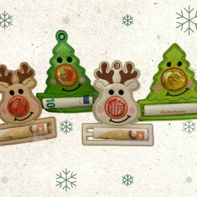 Stickdatei Weihnachten Schoko Nase Gutschein Rentier & Tanne 13x18 Set 905 mit Anleitung