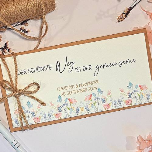 Personalisierte Hochzeitskarte Sommerhochzeit – Florales Design mit Geldfach & Spruch