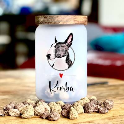 Glas Leckerlidose 'Bullterrier' mit Namen, 700 ml