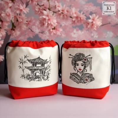 Stickdateien China 10x10 – 15 Motive Scribble Stil | Geisha, Kranich, Pagode