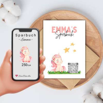 Sparbuch mit QR-Code – personalisierte Geschenkidee zur Taufe, Geburt oder Einschulung | Handmade | Einhorn