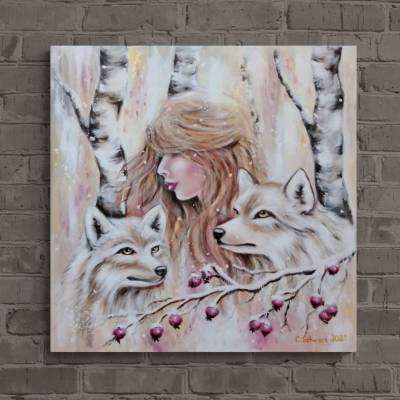 Stimme des Winters – Originalgemälde Frau & Wolf | Spirituelle Tierkunst | Acryl auf Leinwand 70x70 cm