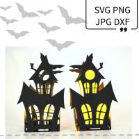 Plotterdatei Haus Gruselhaus Halloween Fledermaus Teelicht Bild 1