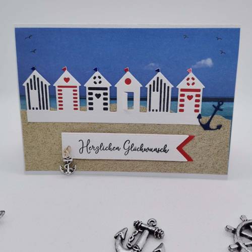 Maritime Geburtstagskarte handgefertigt – Glückwunschkarte Strand Urlaub mit 3D Anhänger, personalisiert