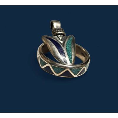 Chip Inlay Ring – Original Navajo aus Arizona, 925 Sterling Silber, Türkis & Lapislazuli + Spitze