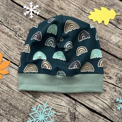 wunderschöne Mütze Beanie gr.50-52 Petrol mit Regenbogen