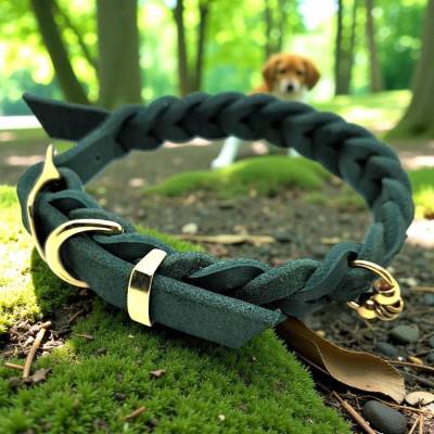 Hundehalsband aus Fetttleder geflochten in dunkelgrün verstellbar von ca. 28 - 35 cm
