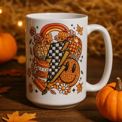 Herbst Tasse mit Kürbis, Blumen & Retro Smiley – bunte Kaffeetasse 440 ml