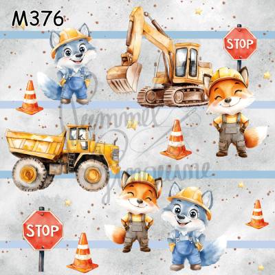 M376 PummelPinguine Exclusive „Kinderstoffe Tierische Baustelle mit Bagger, Lastwagen & süßen Bauarbeiter