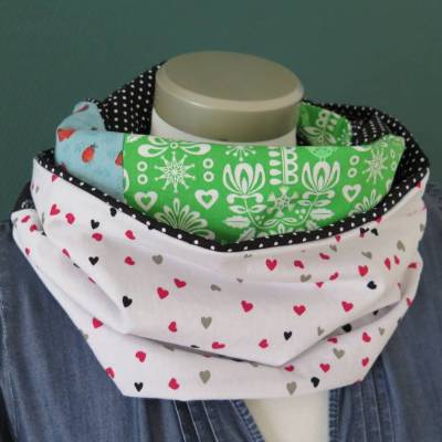 Loop Schal Damen Einzelstück Baumwolle Patchwork bunt Herzen Marienkäfer Punkte