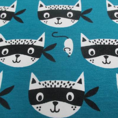 Sweat mit Ninja Kitty und Maus angeraut hellpetrol Oeko-Tex Standard 100 (1m/14,-€)