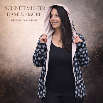 Schnittmuster Damen Cardigan – Groessen 32 bis 50 – Mit Kapuze oder Buendchen – Raffung Aermel optional