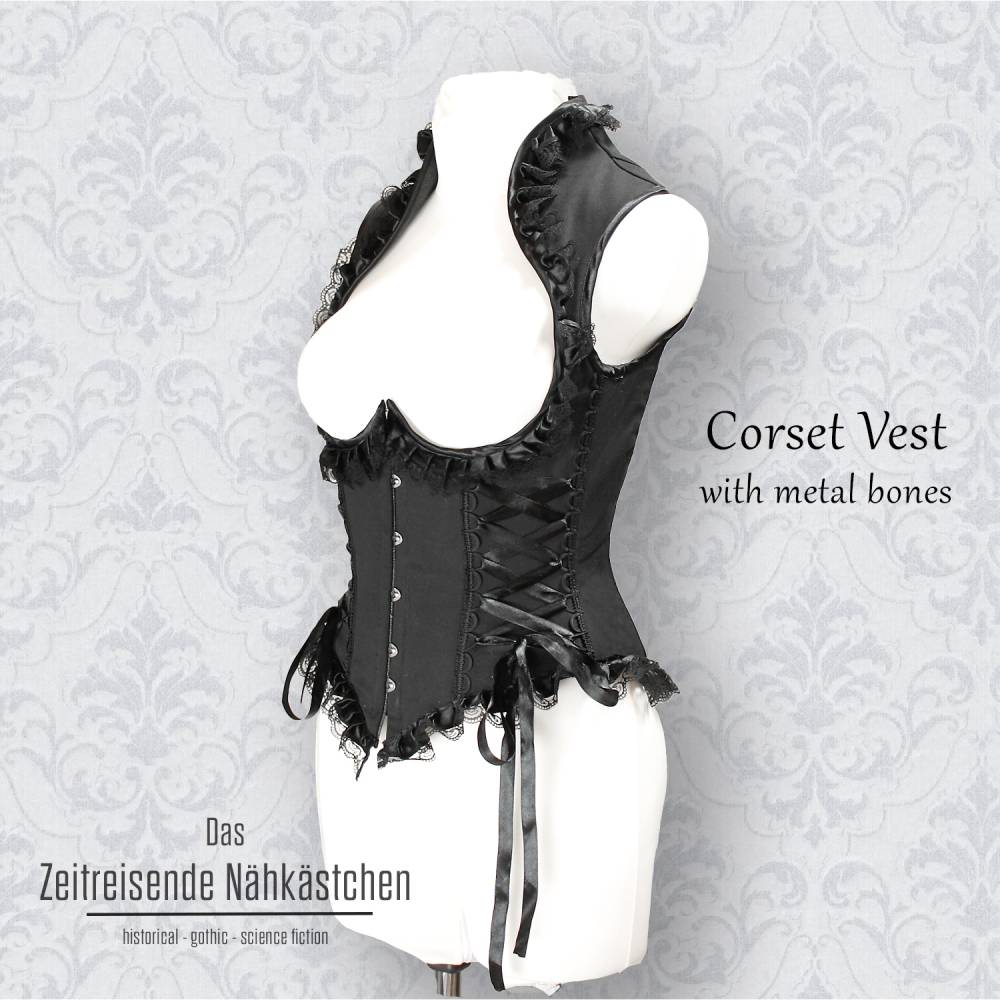 Gothic Korsett mit Stehkragen, Westenkorsett – Herz-Ausschnitt, Stahlstäbchen, Spitzenborten, Steampunk, schwarz Bild 1