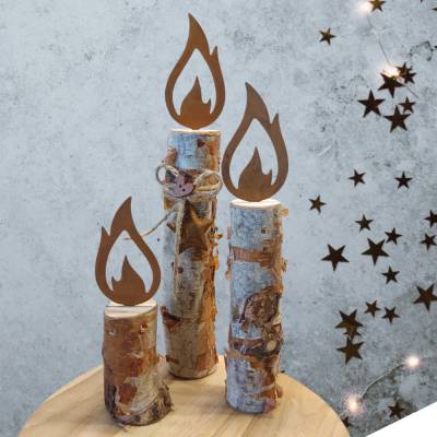 Dekokerzen aus Birkenholz mit Edelrost-Metall Flamme rustikale Weihnachtsdeko für Innen & Außen nachhaltig Winter-Advent