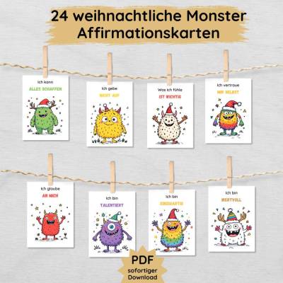 24 weihnachtliche Monster Affirmationskarten für Kinder, Mutmach Adventskalender zum Ausdrucken