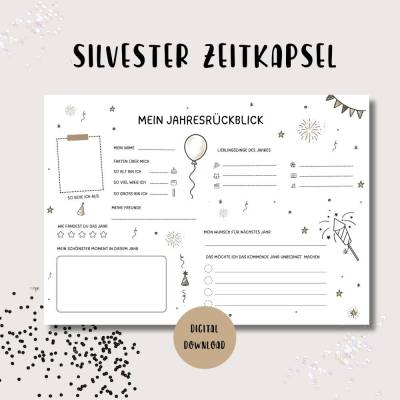 Silvester Zeitkapsel Kinder Vorlage, Jahresrückblick PDF A4 A5, Neujahr Beschäftigung Familie, Silvesterparty Idee