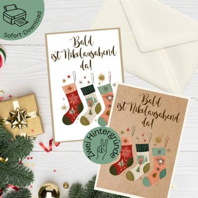 Weihnachtskarte „Nikolaussocken“ zum Ausdrucken – Nostalgie in Weiß & Kraftpapier